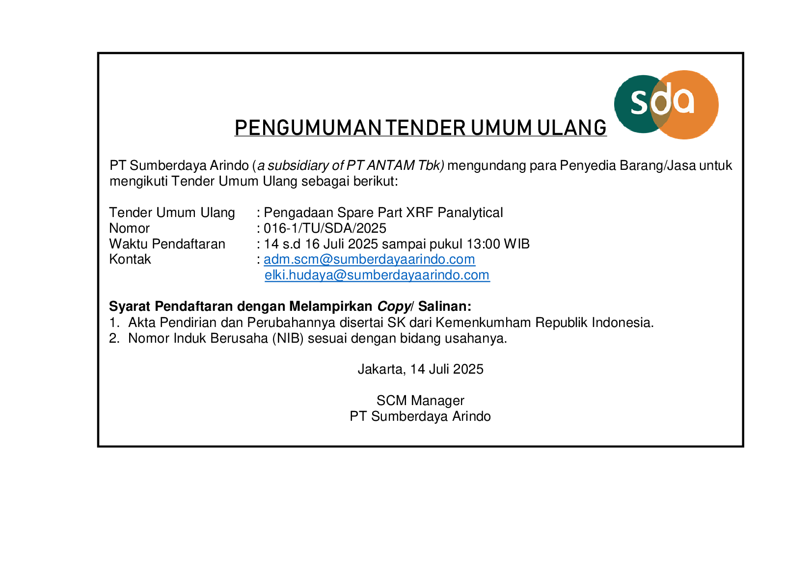 Tender Umum Ulang Pengadaan Spare Part XRF Panalytical