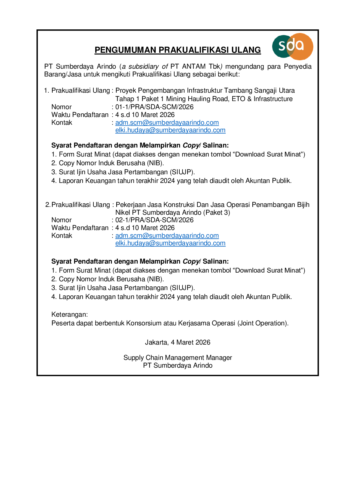 Pengumuman Prakualifikasi Ulang