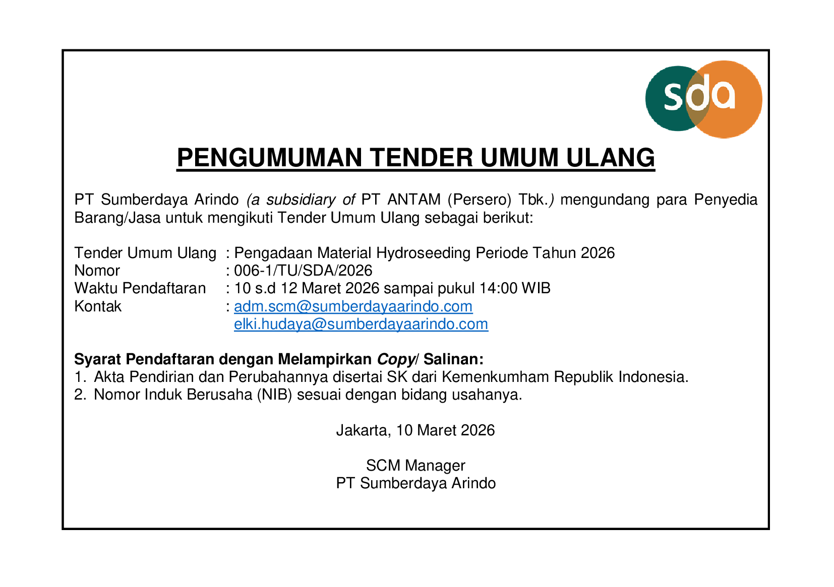 Tender Umum Ulang Pengadaan Material Hydroseeding Periode Tahun 2026